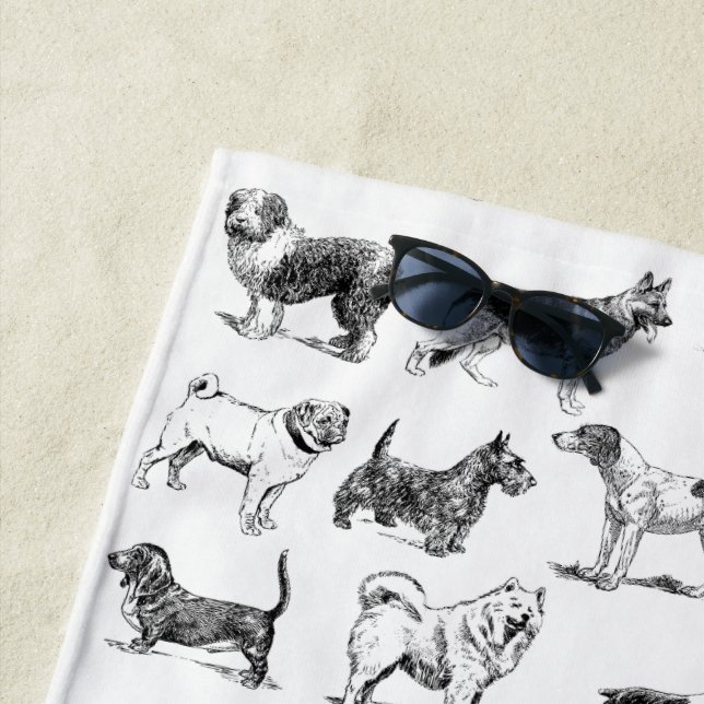 Black & White Vintage Dogs Pattern Beach Towel (In Situ)