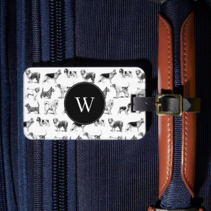 Black & White Vintage Dogs Pattern Monogram Luggage Tag
