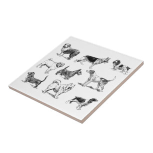 Black & White Vintage Dogs Pattern Tile