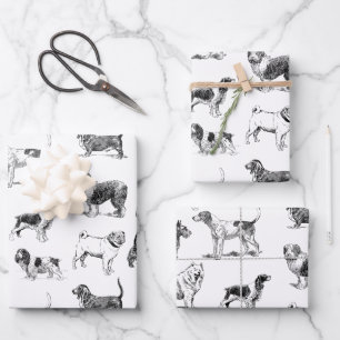 Black & White Vintage Dogs Pattern  Wrapping Paper Sheet