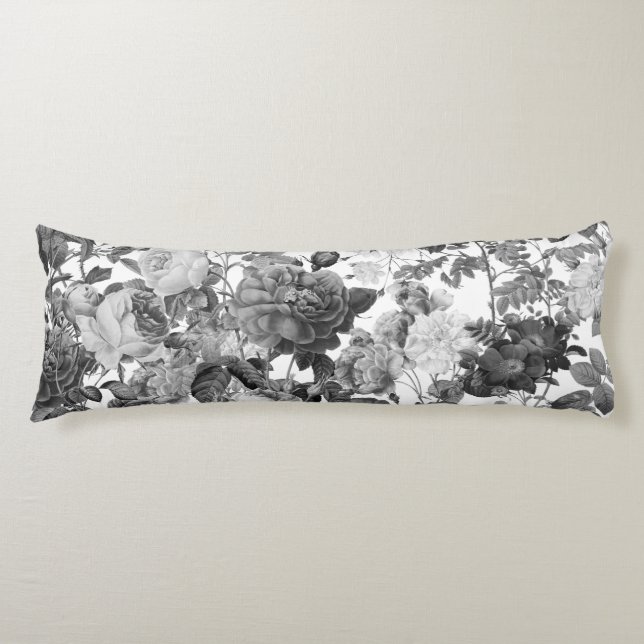 Black  White Vintage Floral Body Pillow (Front)