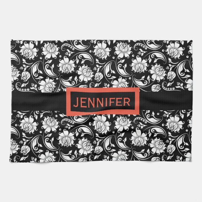 Black & White Vintage Floral Damasks Kitchen Towel (Horizontal)
