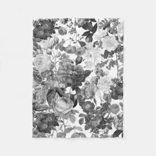 Black  White Vintage Floral  Fleece Blanket