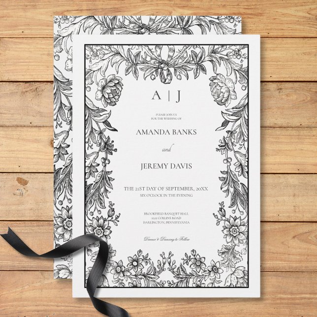 Black & White Vintage Floral Monogram Wedding Invitation (Black & white Vintage Floral Monogram Wedding Invitation)