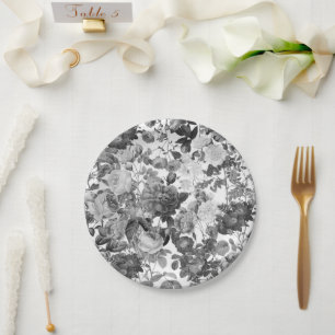 Black White Vintage Floral Paper Plate