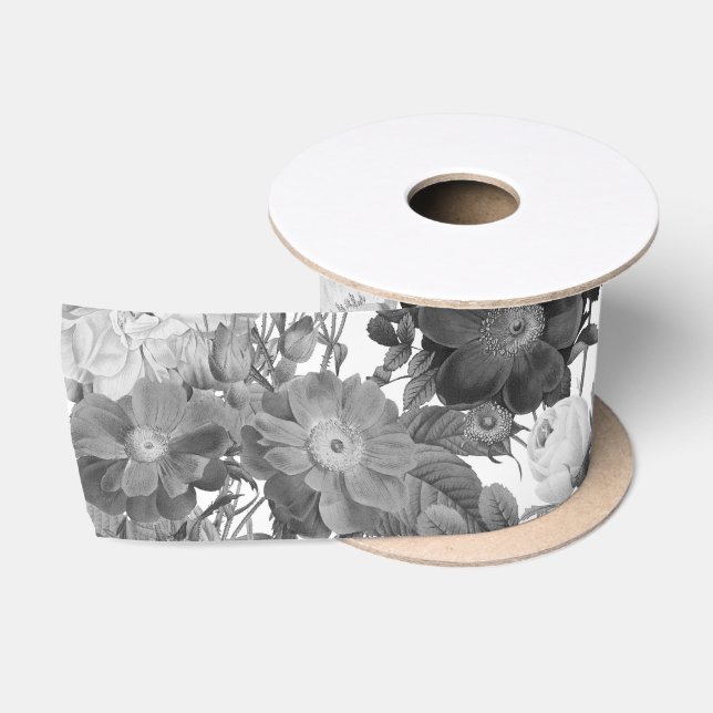 Black & White Vintage Floral  Satin Ribbon (Spool)