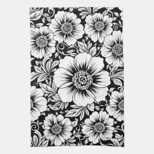 Black White Vintage Floral Seamless Pattern (2) Kitchen Towel