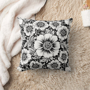 Black White Vintage Floral Seamless Pattern (2) Throw Pillow
