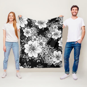 Black White Vintage Floral Seamless Pattern (3) Fleece Blanket