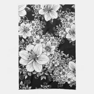 Black White Vintage Floral Seamless Pattern (3) Kitchen Towel