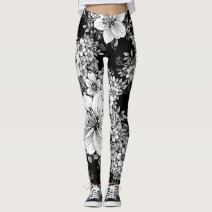 Black White Vintage Floral Seamless Pattern (3) Leggings