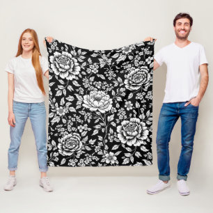 Black White Vintage Floral Seamless Pattern (5) Fleece Blanket