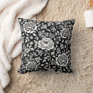 Black White Vintage Floral Seamless Pattern (5) Throw Pillow