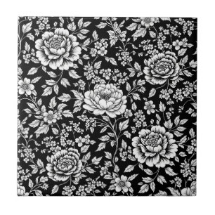 Black White Vintage Floral Seamless Pattern (5) Tile