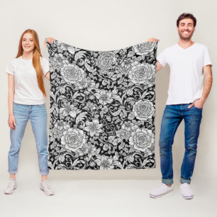 Black White Vintage Floral Seamless Pattern (6) Fleece Blanket