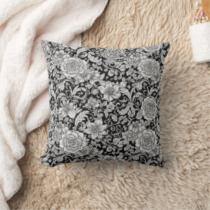 Black White Vintage Floral Seamless Pattern (6) Throw Pillow