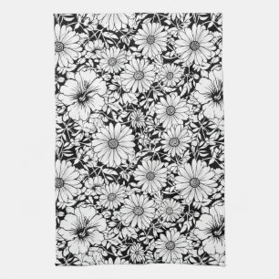 Black White Vintage Floral Seamless Pattern (7) Kitchen Towel