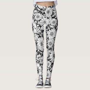 Black White Vintage Floral Seamless Pattern (7) Leggings