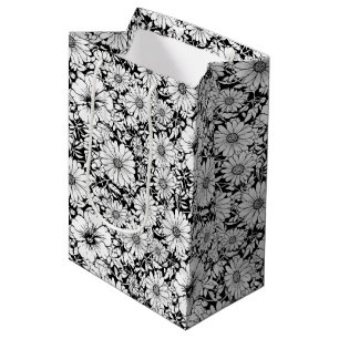 Black White Vintage Floral Seamless Pattern (7) Medium Gift Bag