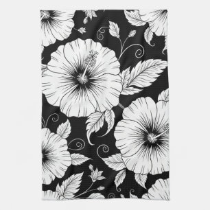 Black White Vintage Floral Seamless Pattern (8) Kitchen Towel