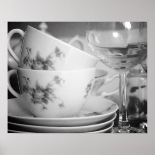 Black & White Vintage Floral Teacups & Goblets Poster