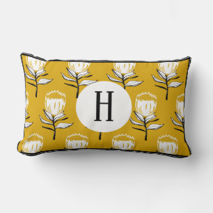 Black & White Vintage Florals in Mustard Lumbar Pillow