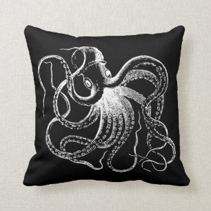 Black & White Vintage Octopus Illustration Throw Pillow