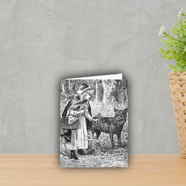 Black White Vintage Red Riding Hood Basket Wolf Card (Vintage black white drawing little red riding hood in woods with  wolf on greeting or notecard.)