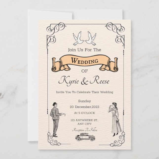 Black & White Vintage Retro Wedding Invitation (Front)