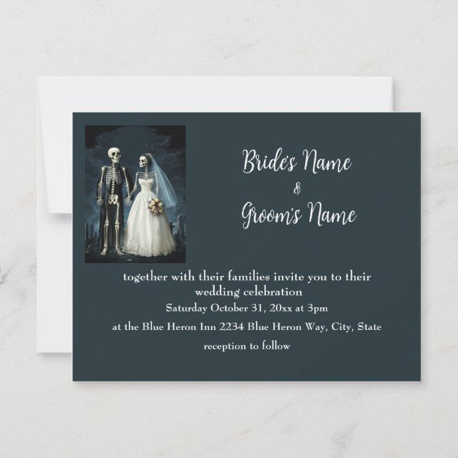 Black White Vintage Skeleton Goth Wedding Invite (Back)