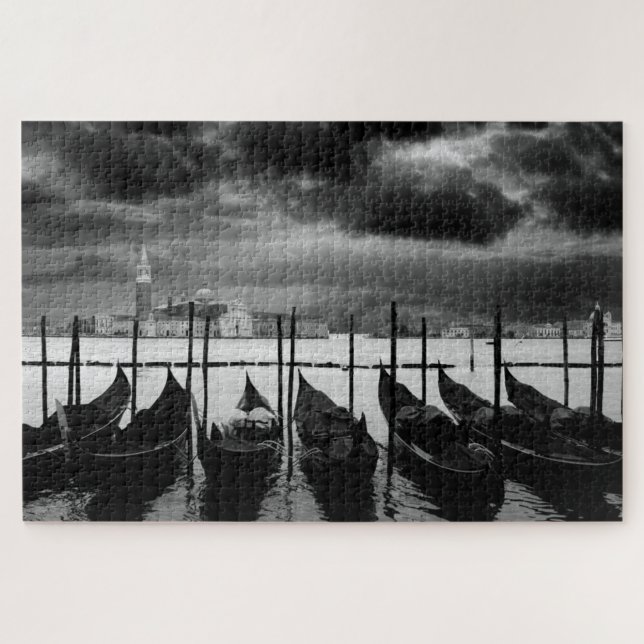 Black White Vintage Venice Canal Travel Jigsaw Puzzle (Horizontal)