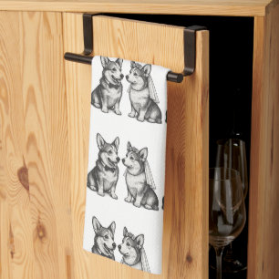 Black & White Vintage Whimsical Corgi Wedding  Kitchen Towel