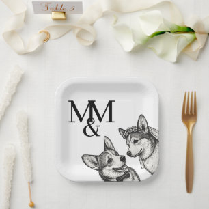 Black & White Vintage Whimsical Corgi Wedding Paper Plate