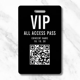 Black White VIP All Access Pass QR Code Concert Badge