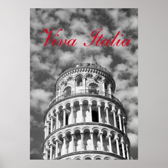Black White Viva Italia Leaning Tower of Pisa Poster (Front)
