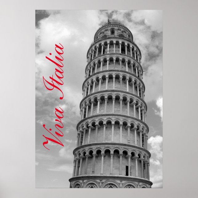 Black White Viva Italia Leaning Tower of Pisa Poster (Front)