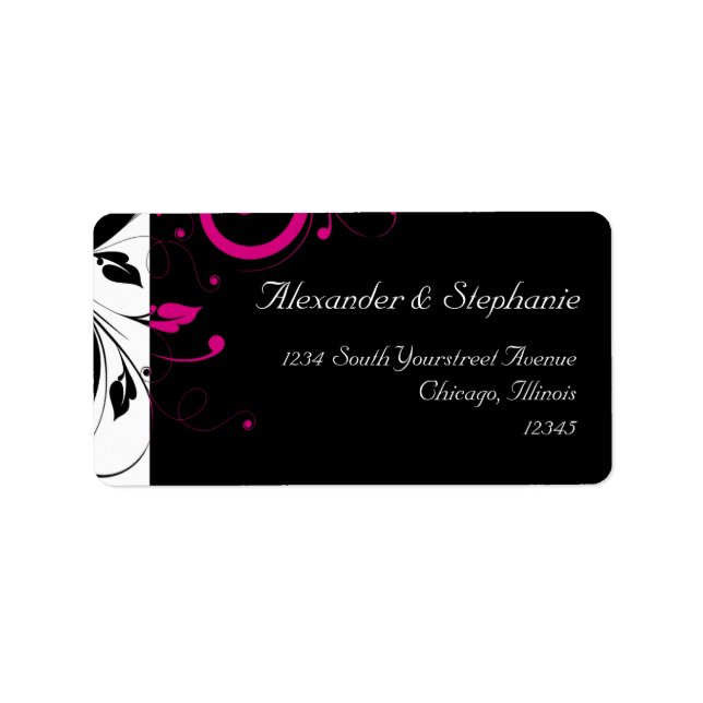 Black +White w/Fuchsia Reverse Swirl Wedding Label (Front)