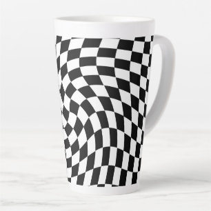 Black & White Warped Chequered Chequerboard Latte Mug