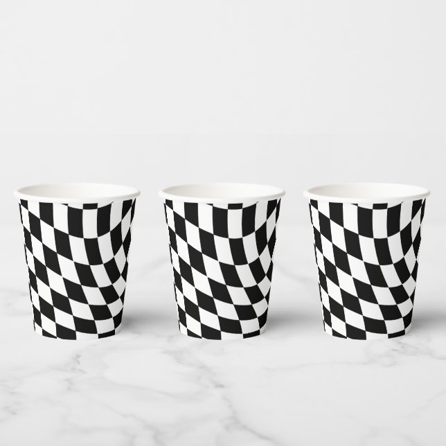 Black & White Warped Chequered Chequerboard Paper Cups (Multi)