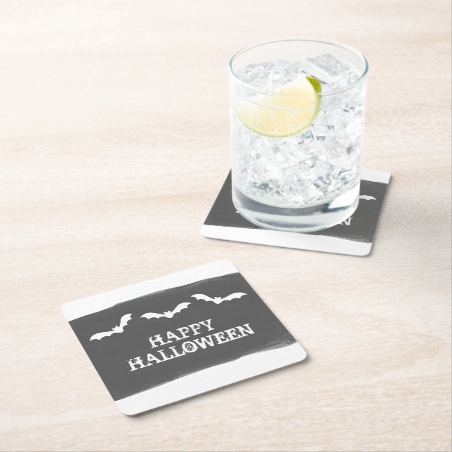 Black White Watercolor Bats Halloween Square Paper Coaster (Insitu)