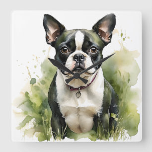 BLACK & WHITE WATERCOLOR BOSTON TERRIER DOG SQUARE WALL CLOCK
