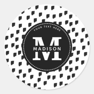 Black & White Watercolor Brushstroke Monogram Classic Round Sticker