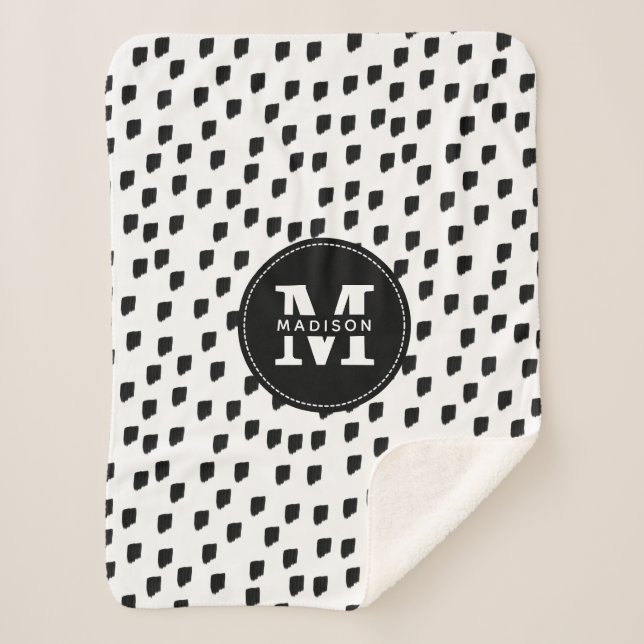Black & White Watercolor Brushstroke Monogram Sherpa Blanket (Front)