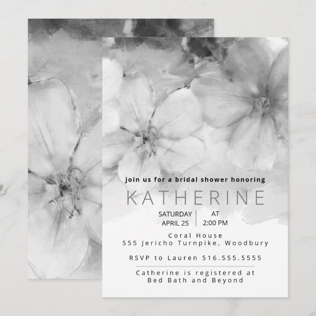 Black, white watercolor Floral Bridal Shower Invitation (Front/Back)