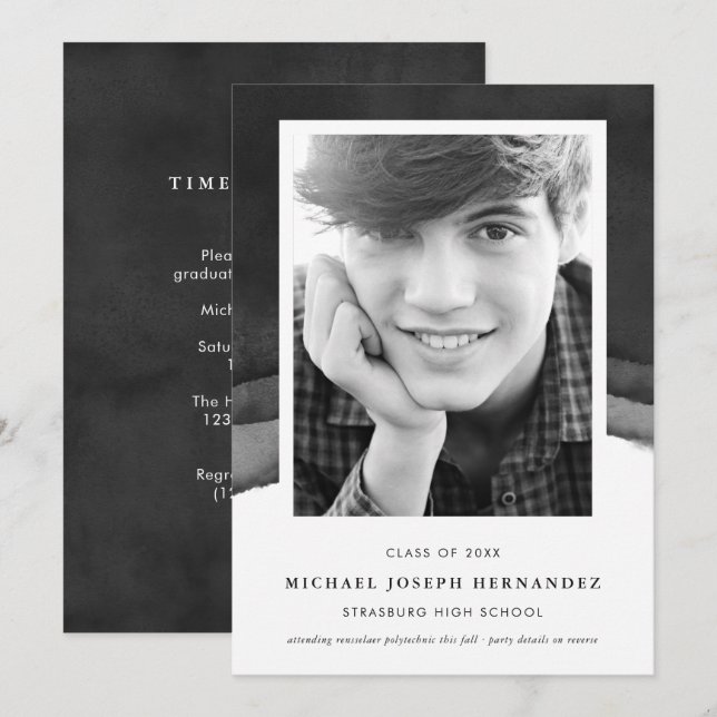 Black & White Watercolor Graduation Photo Invitation (Front/Back)