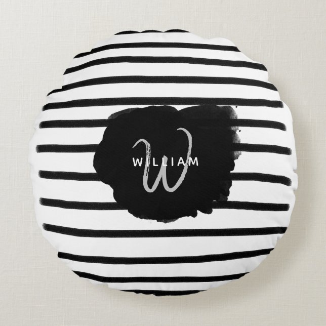 Black & White Watercolor Hand Drawn Lines Round Pillow (Front)
