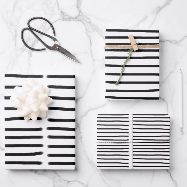 Black & White Watercolor Hand Drawn Lines Wrapping Paper Sheet (Front)