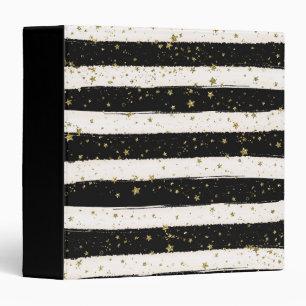 Black White Watercolor Stripes Gold Glitter Stars Binder