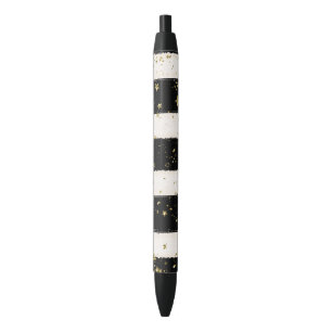 Black White Watercolor Stripes Gold Glitter Stars Ink Pen