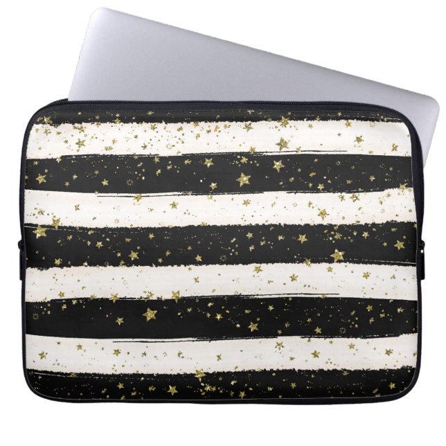Black White Watercolor Stripes Gold Glitter Stars Laptop Sleeve (Front)